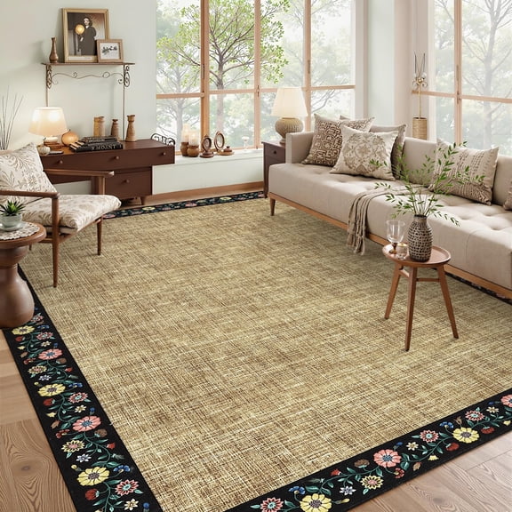 Yellow Washable Area Rug,9x12 Area Rugs for Living Room, Soft Faux Wool Low Pile Floral Bordered Farmhouse Rug, Non Slip TPR Backing Foldable Stain Resistant Carpet for Bedroom Dining Room