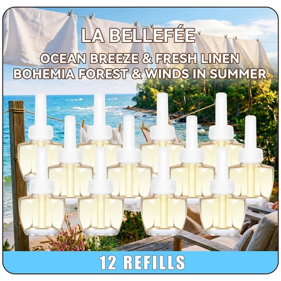 Plug-In Refills Air Freshener, 12-Pack with Ocean, Linen, Forest & Summer Breeze Scents for Home, Compatible with Air Wick & Glade