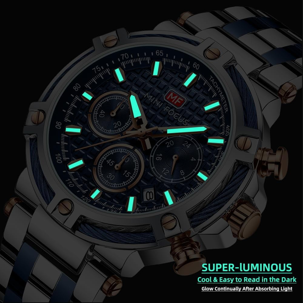 Business Men Watches (Chronograph/Waterproof/Luminous/Calendar/24 Hours) Big Face Stainless Steel Band Watches for Men
