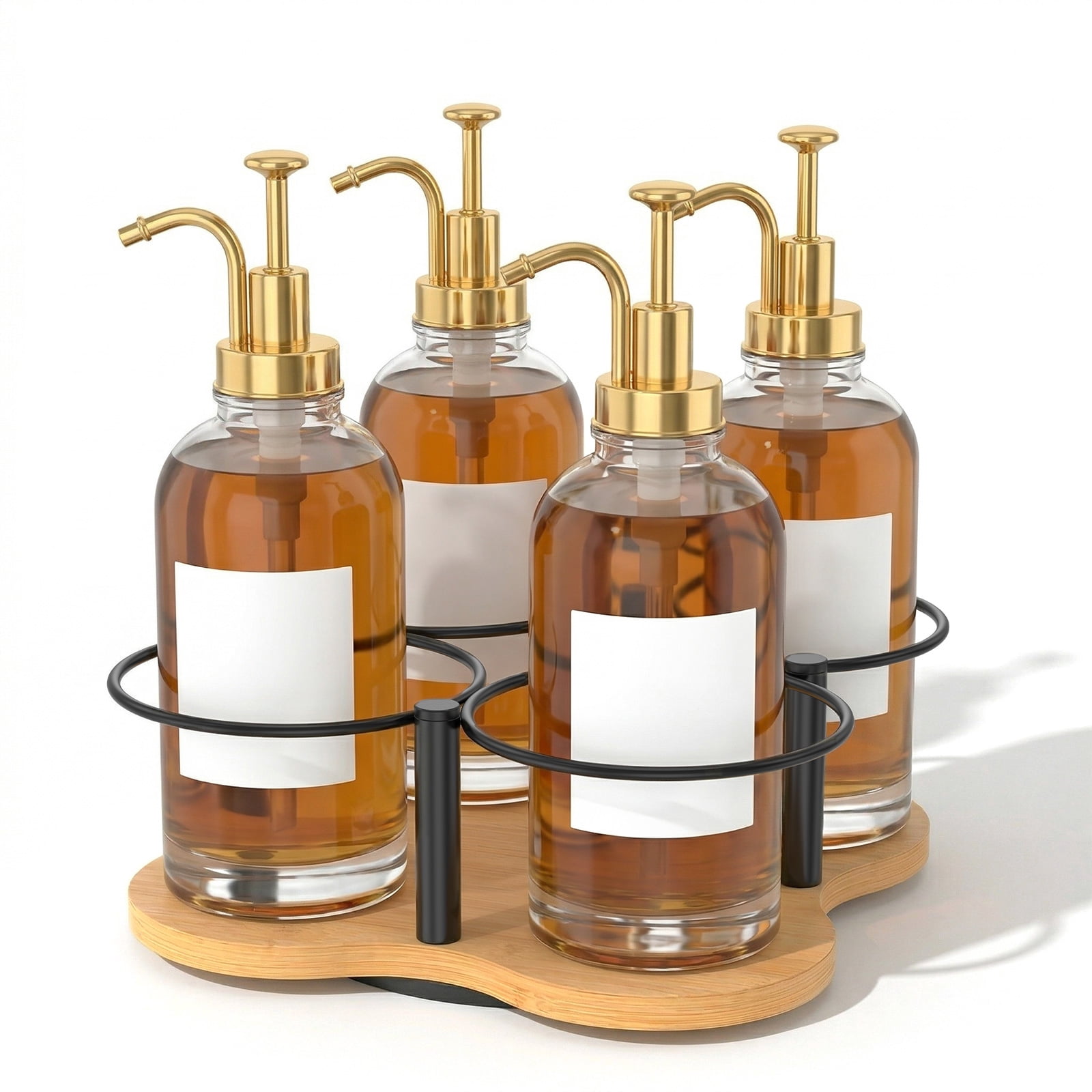 Rotating Coffee Syrup Organizer Wood and Metal 16.9oz Syrup Bottle Holder for Countertop Coffee Bar Accessories with 4 Separate Slots