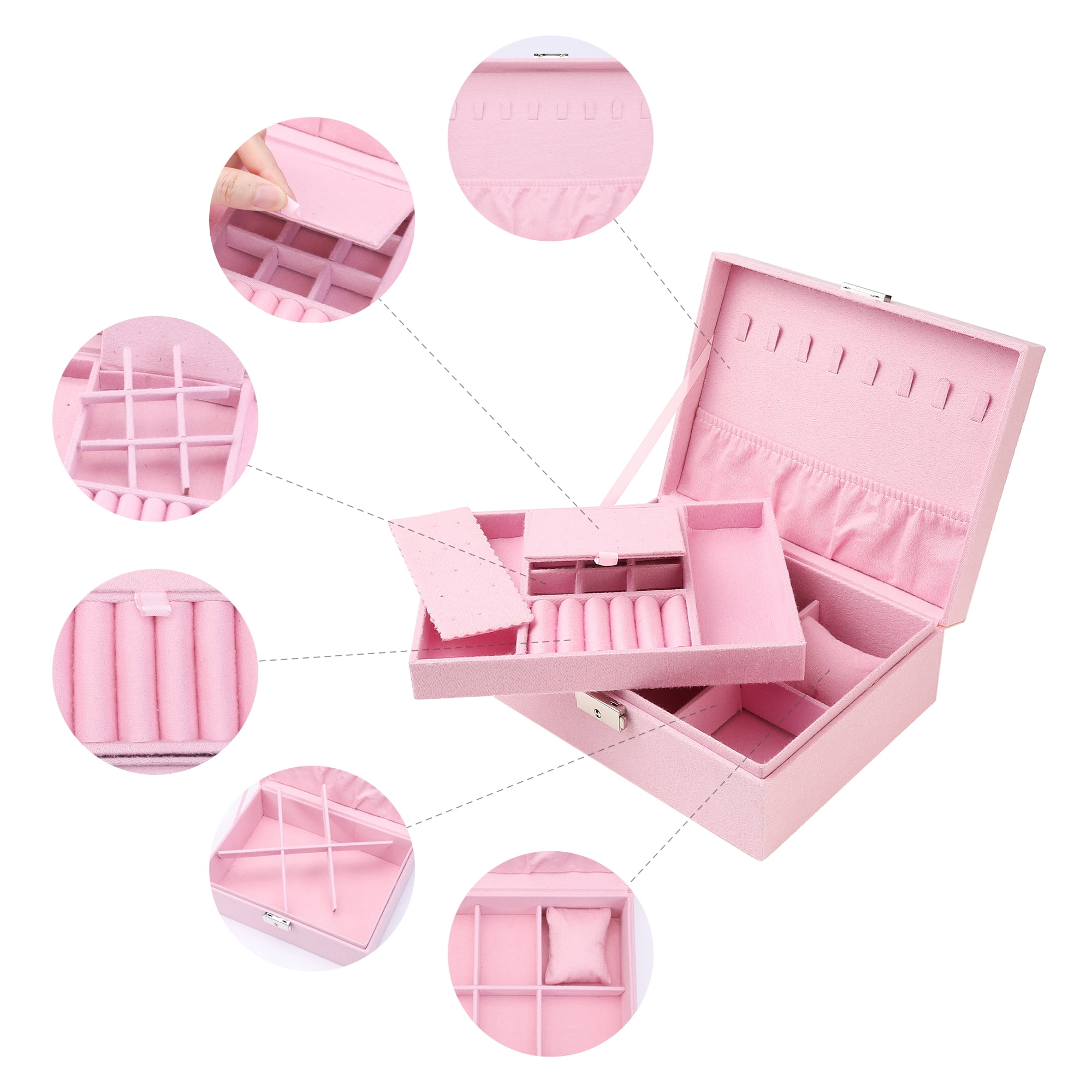 Unique Bargains Velvet Jewelry Box Organizer 2 Layer Jewelry Display Storage Holder Pink