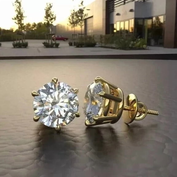 4mm 3Ct Round Cut Natural Moissanite Women's Birthday Gift Solitaire Stud Earring 14K Yellow Gold Plated