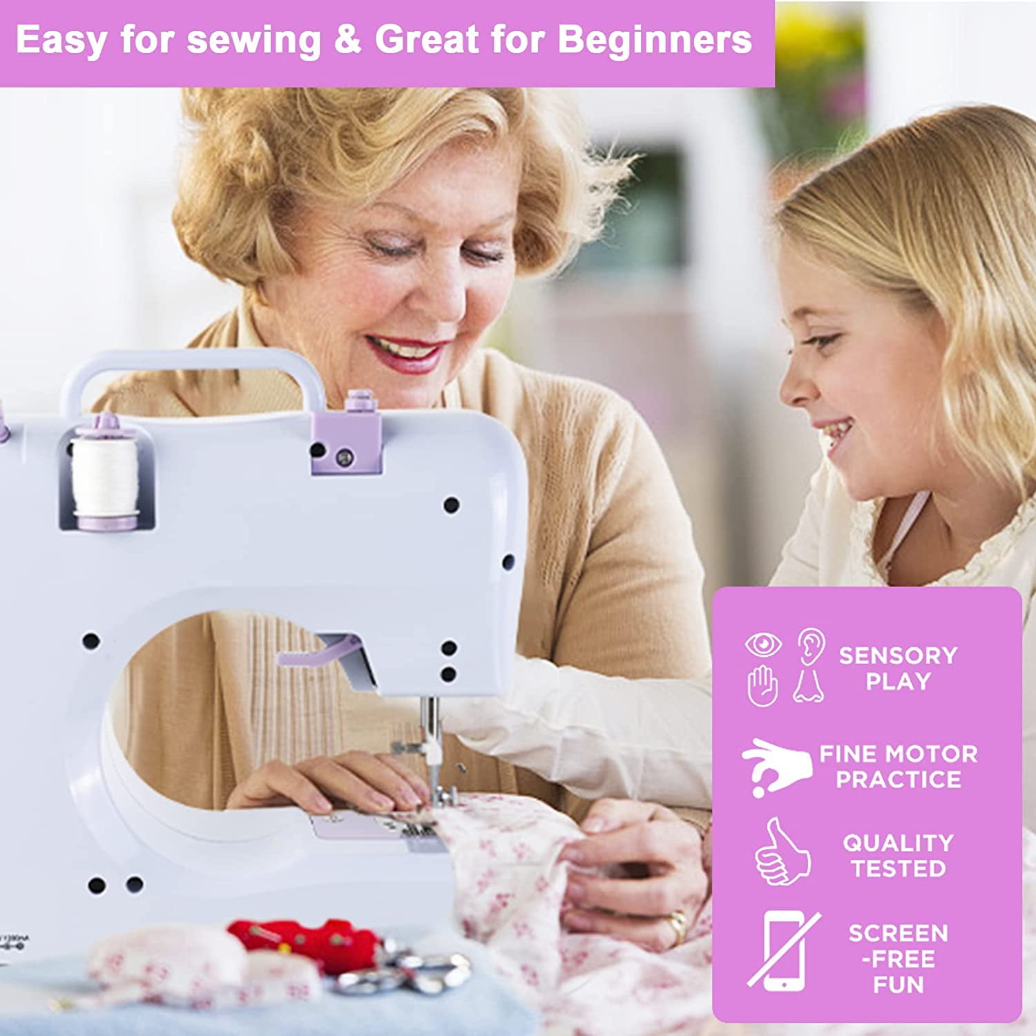 Mini Sewing Machine for Beginners, Adults and Kids, Sewing Machines with Reverse Sewing and 12 Built-in Stitches, Portable Sewing Machine