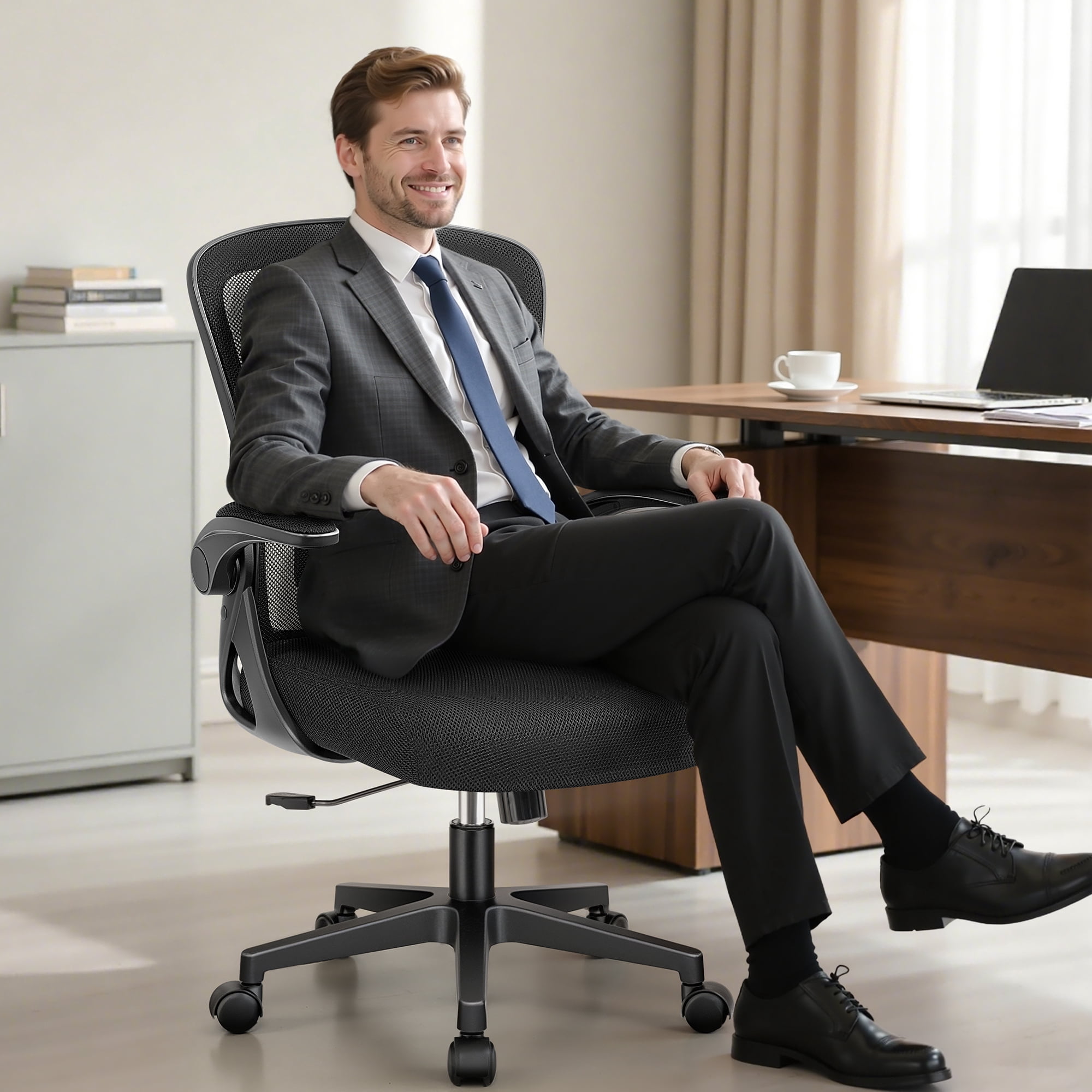 ATHOPE Office Chair, Ergonomic Desk Chairs 300LBS Capacity High Back Mesh Computer Chair with Flip-up Armrests, Comfy Work Chair with Adjustable Lumbar Support for Home Office, Black