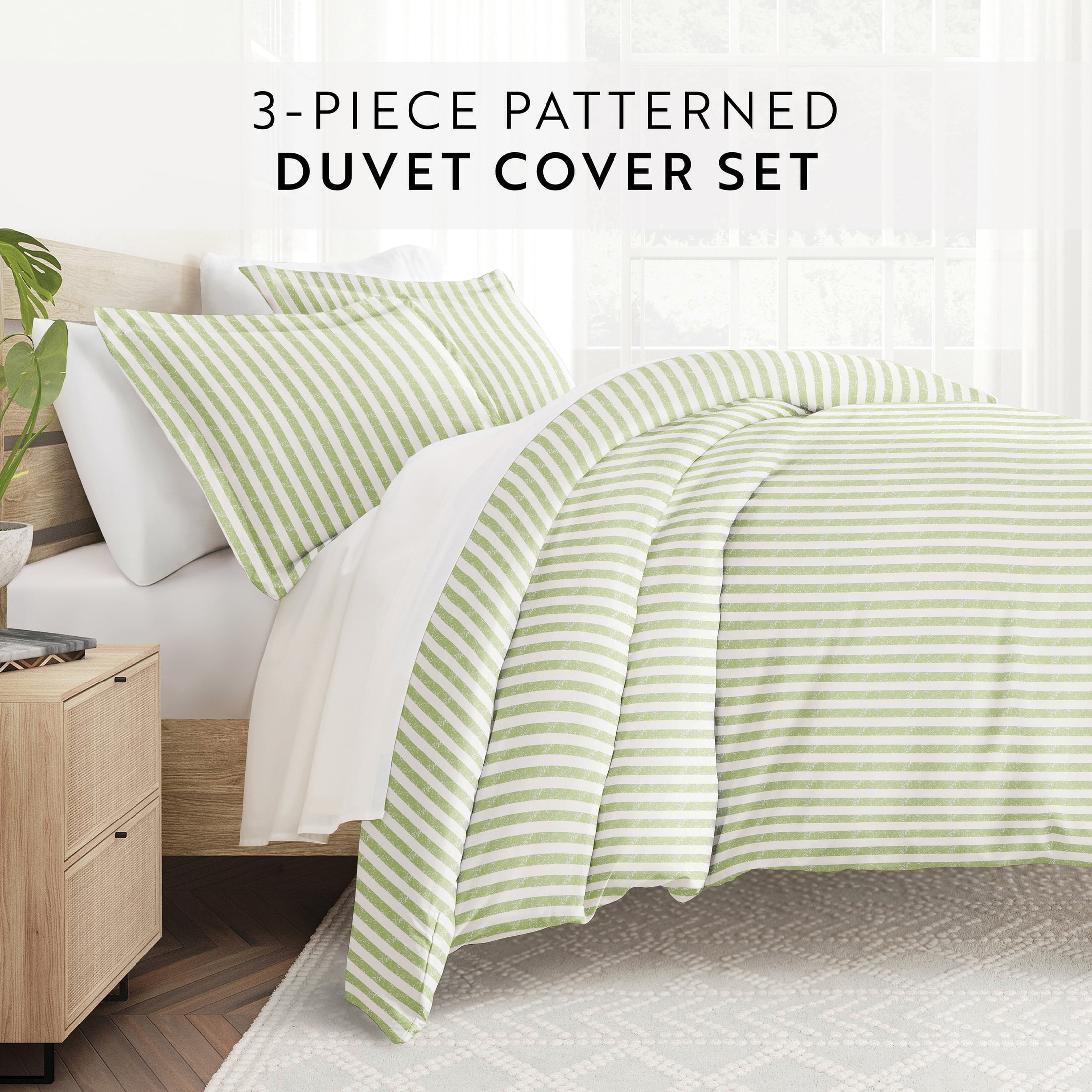 Duvet Cover Set - Ultra Soft & Breathable - Sage Rugged Striped for Queen Size Bedding by Comfort Canopy