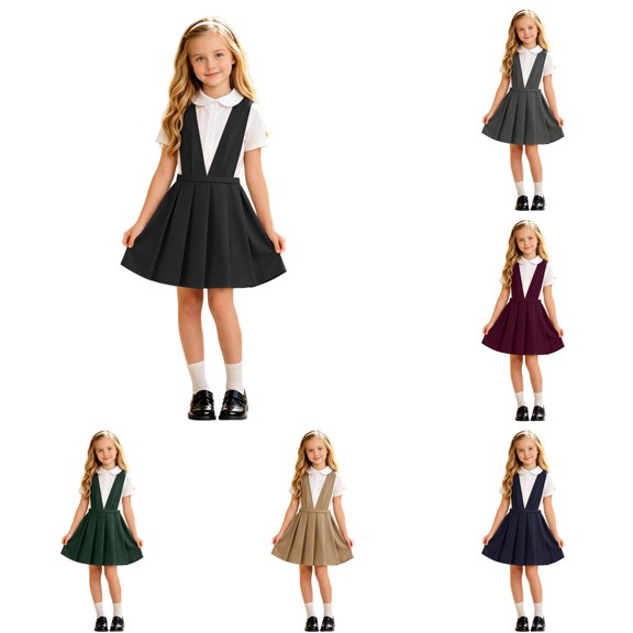 RTKFRFLM Girls Back to School Pinafore Dress Pleated Overall Skirt School Uniform 2-15 Years