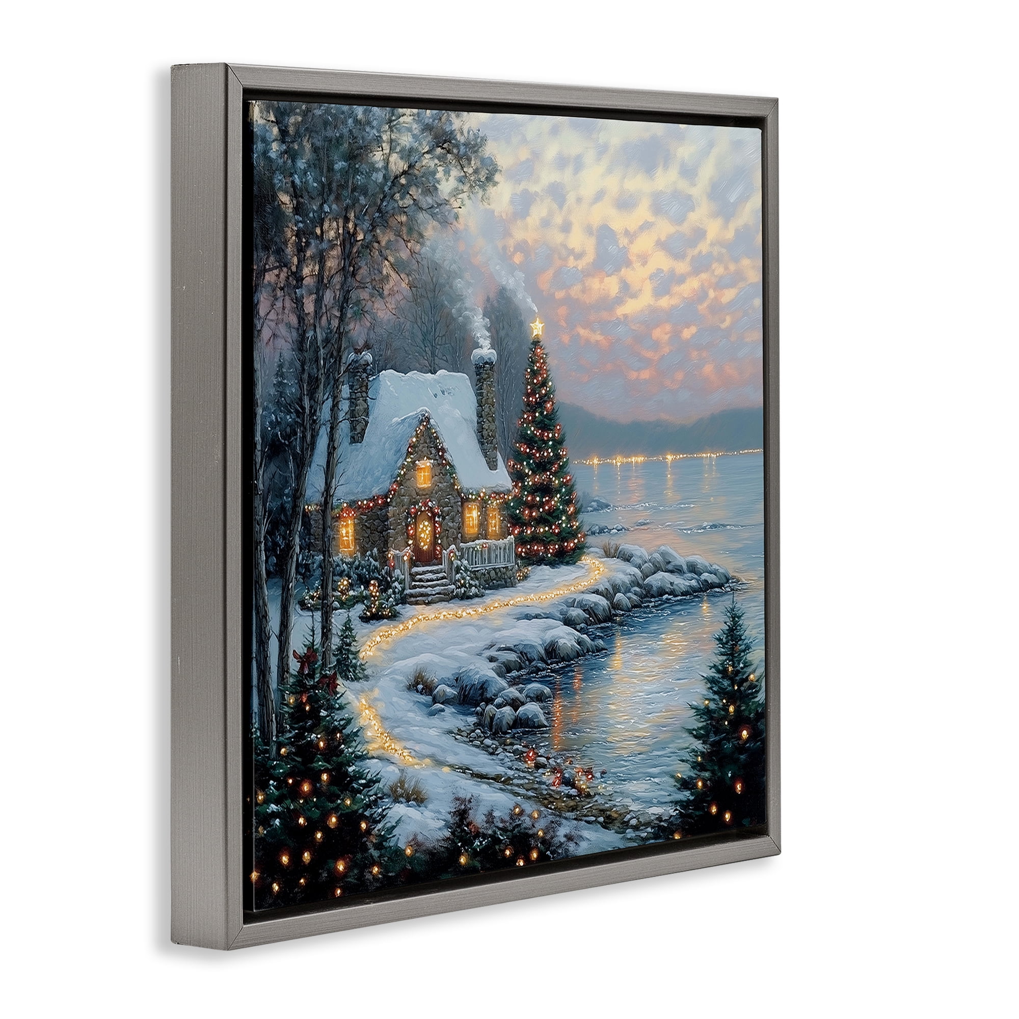 Stupell Industries Snowy Lit Cottage by Lake Gray Framed Floater Canvas Wall Art, design by Heidi Kuntz