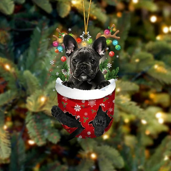 Acrylic 2D FLAT French Bulldog In Snow Pocket Christmas Ornament 1