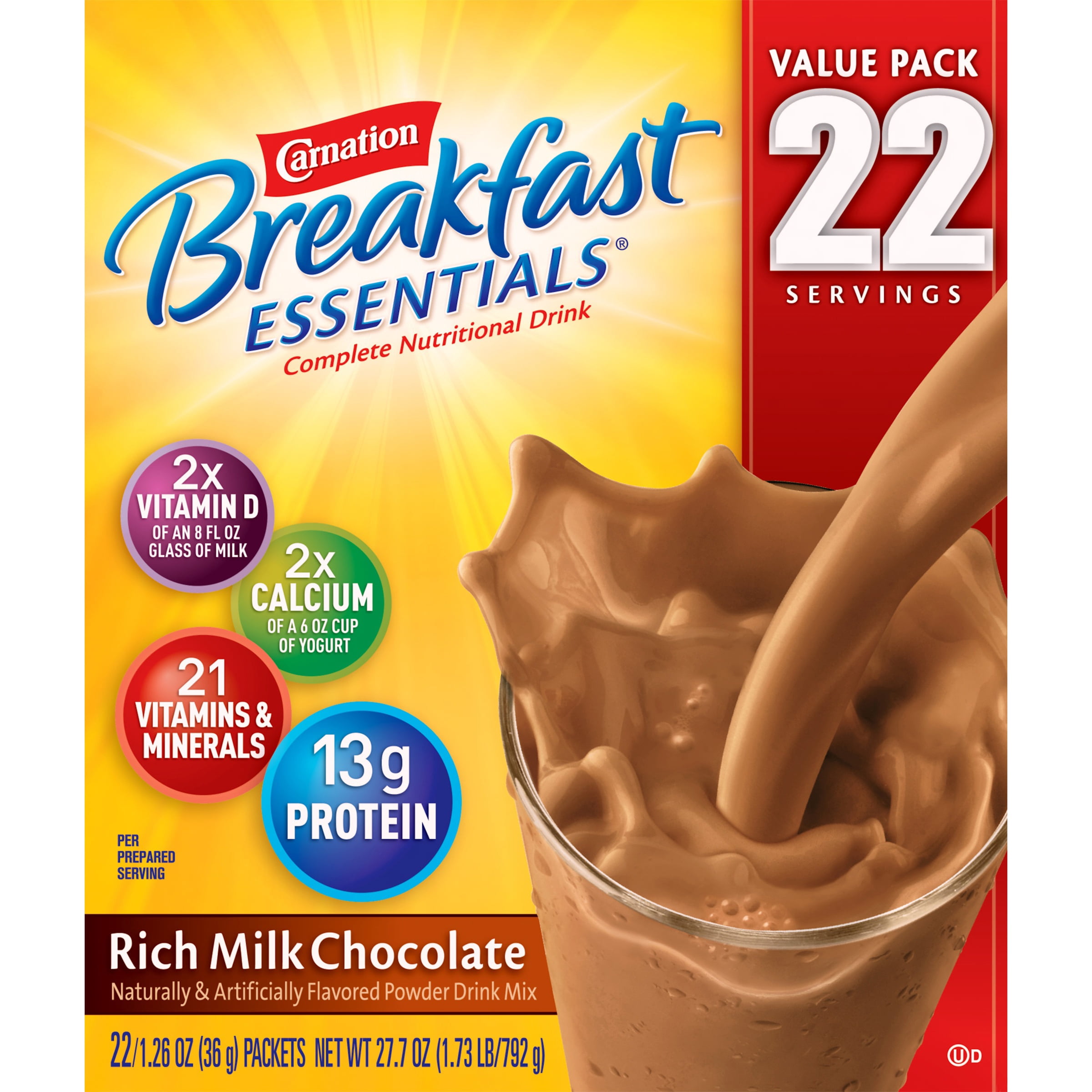 Carnation Breakfast Essentials Powder Protein Nutritional Shake Drink Mix Packets, Rich Milk Chocolate Breakfast Shake, 22 Count