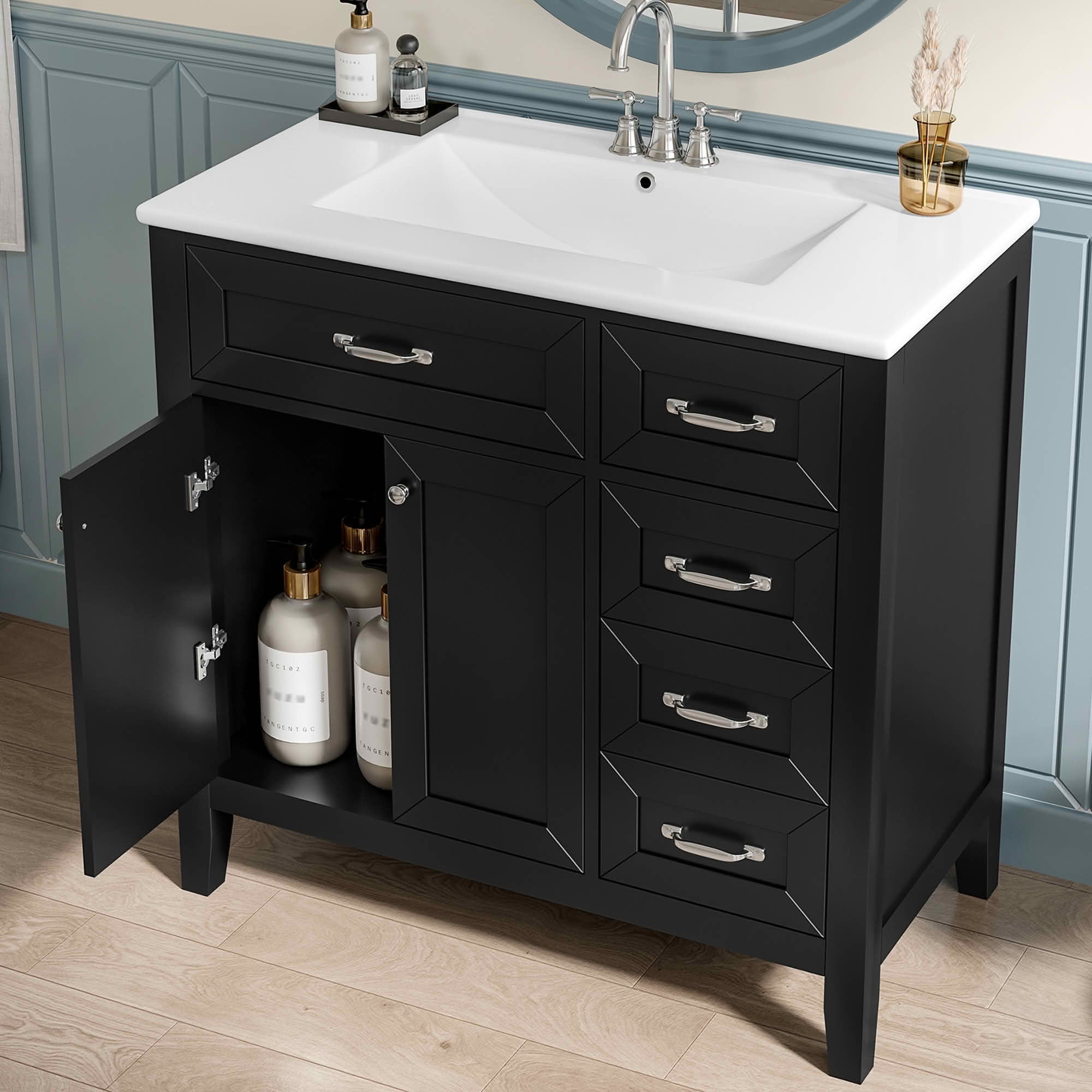 MAYEERTY 36" Bathroom Vanity with Sink Black Cabinet Drawers Solid Frame MDF