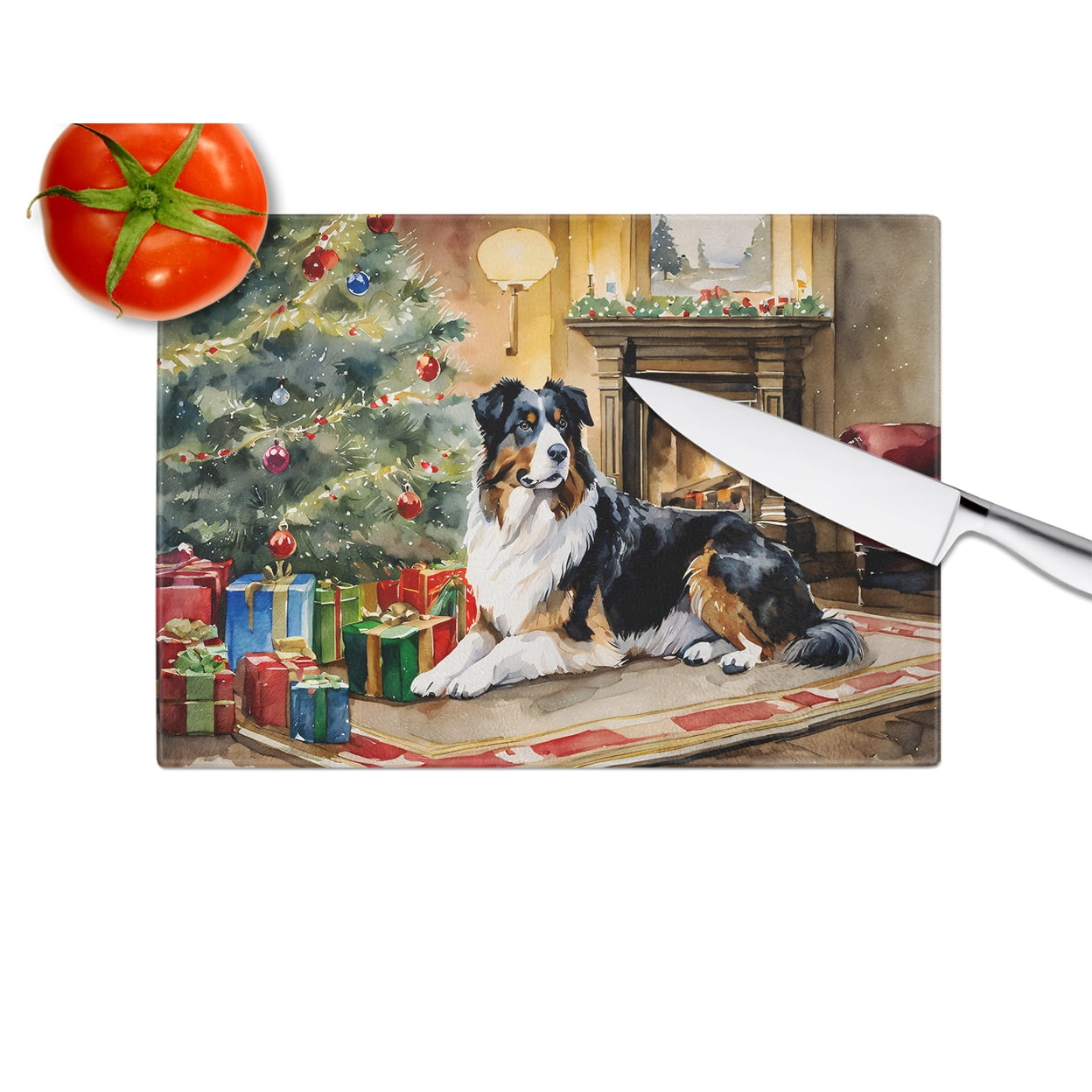 Australian Shepherd Cozy Christmas Glass Cutting Board Large 12 in x 15 in