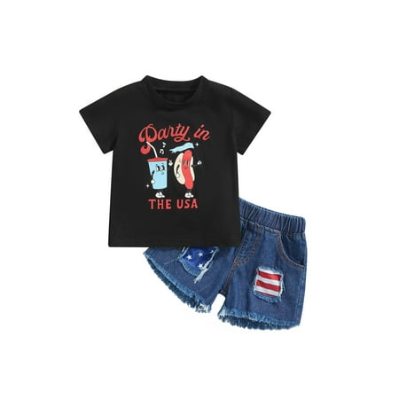 

Qtinghua Infant Toddler Baby Boy Girl 4th of July Outfit USA Short Sleeve T-Shirt Tops and Ripped Denim Shorts Set Black 4-5 Years