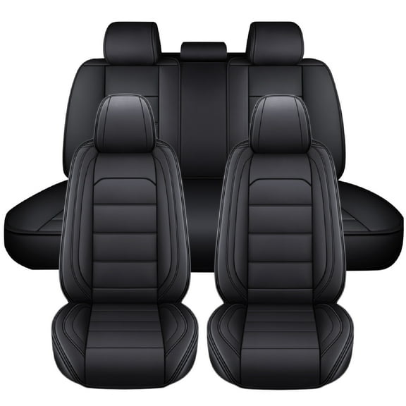 FANOTEK Black, PU Leather, Waterproof, Cushioned, Front Rear Seat Covers, 5 Pieces