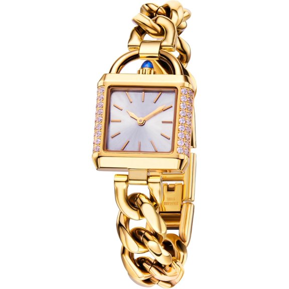 Women's  Watch, Stainless Steel -Tone Watch with Cubic Zirconia,   Glass,  Quartz Movement, 24x35mm, White Dial Chain Bracelet,  for Women