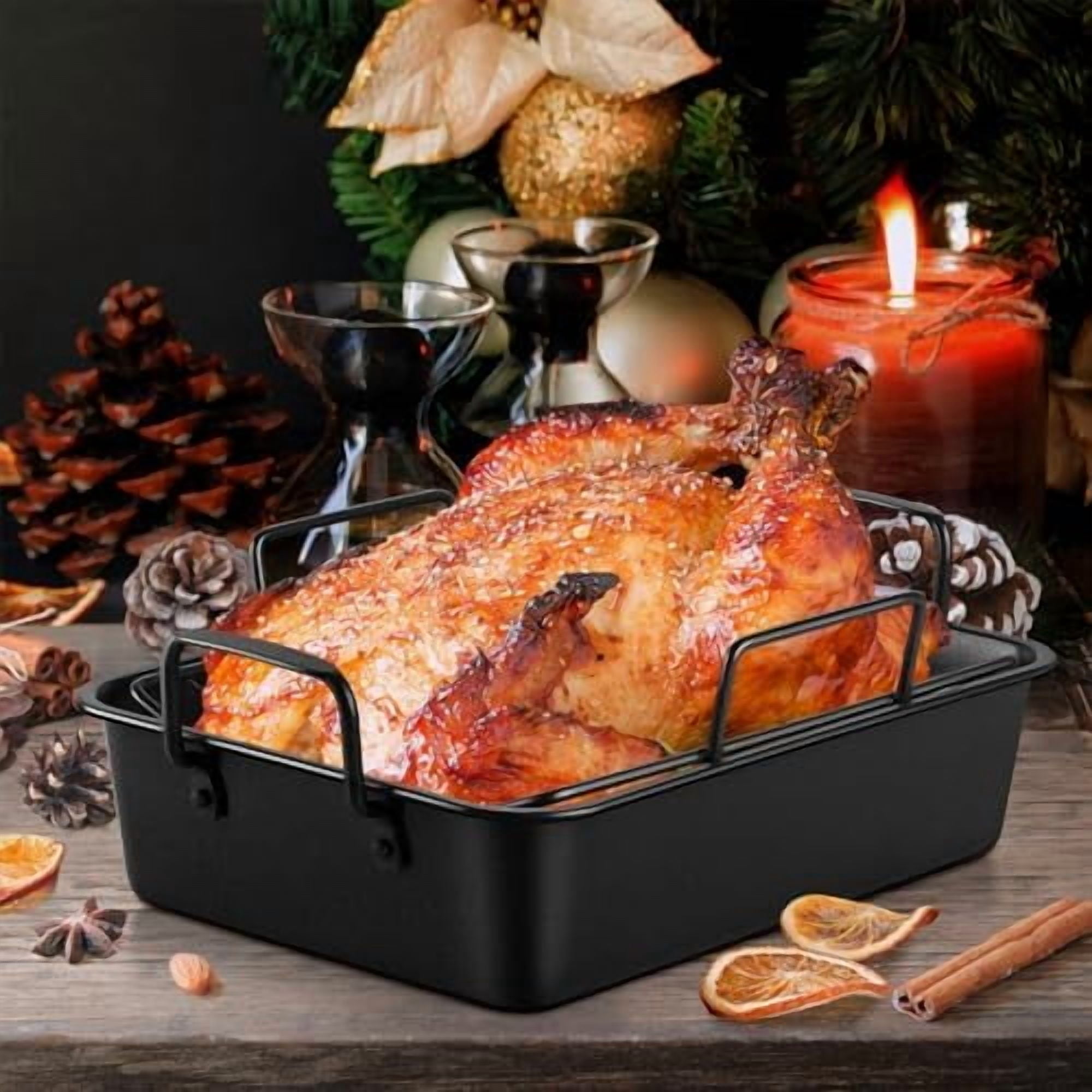 14" Roaster Roasting Pan with Baking Rack and V-shaped Rack, Stainless Steel Rectangular Lasagna Pan with Handles for Turkey Chicken, Healthy & Dishwasher Safe, 3 Pieces, Black
