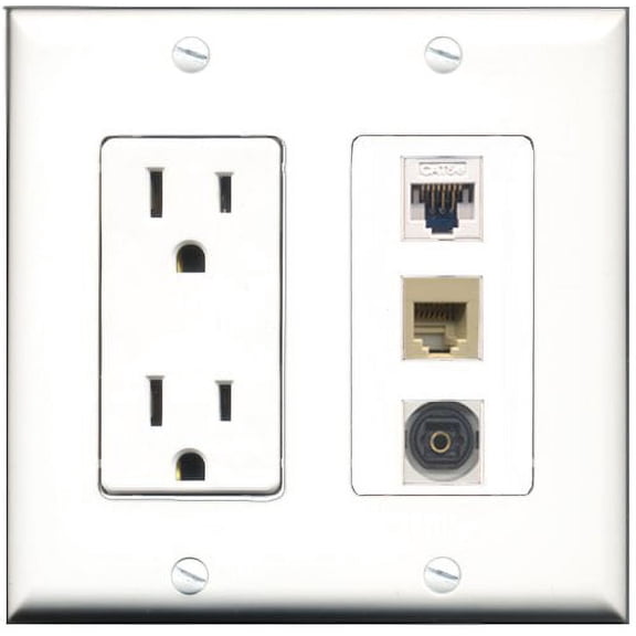 RiteAV - 15 Amp Power Outlet 1 Port Phone Beige 1 Port Toslink 1 Port Cat5e Ethernet White Decorative Wall Plate