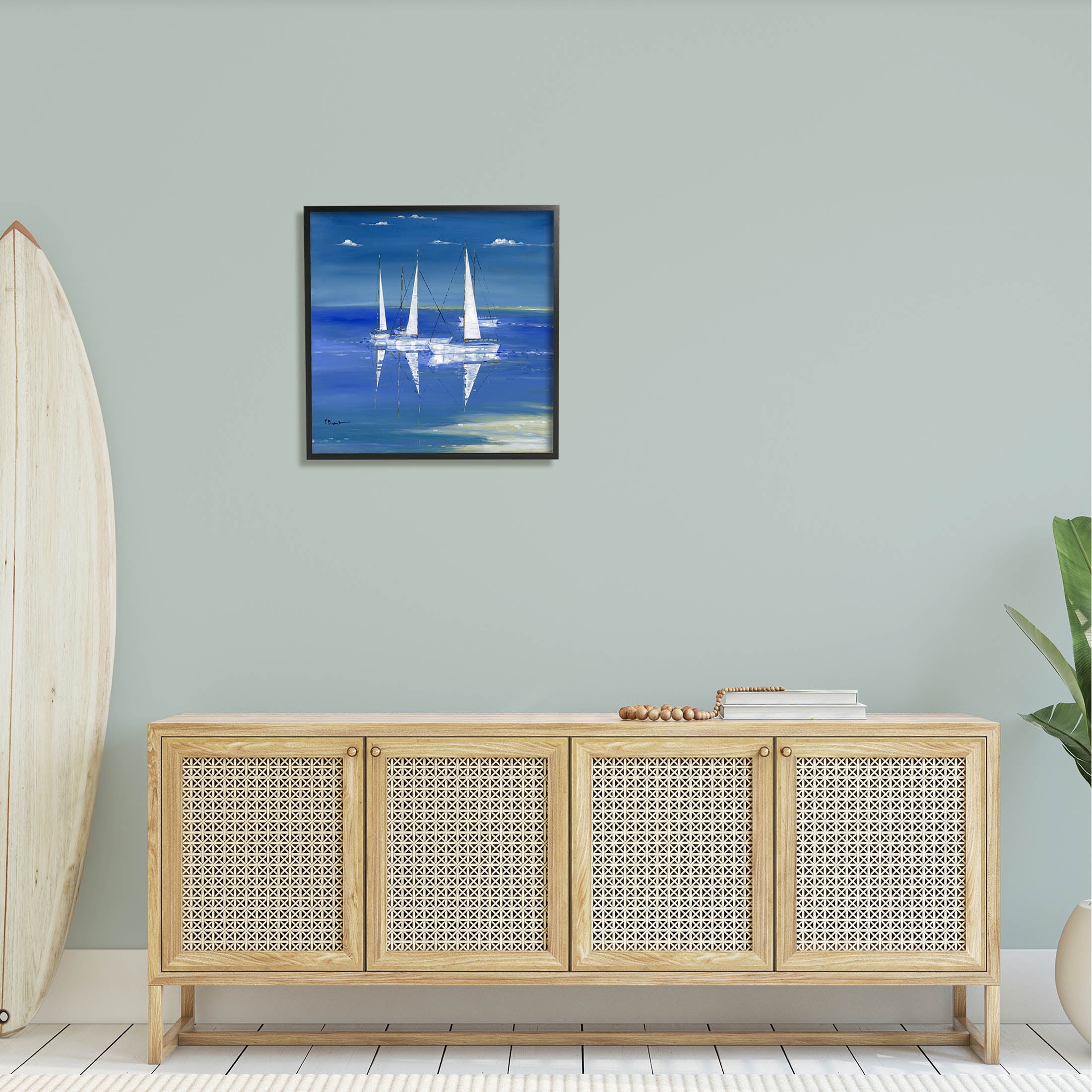 Stupell Industries Serenity Sailboats Vivid Blue Ocean Painting Black Framed Art Print Wall Art, Design by Paul Brent