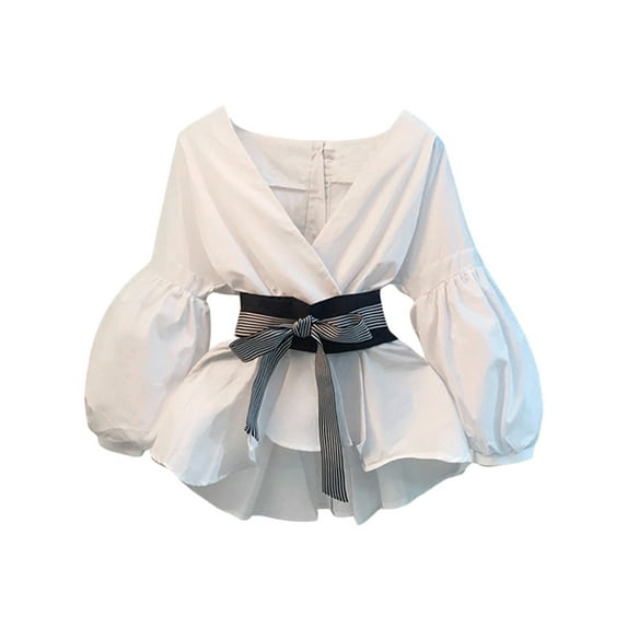 Franhais Women's Shirt Tops V-neck Design 3/4 Puff Sleeve Waist Belt Back Button Irregular Hem Tops