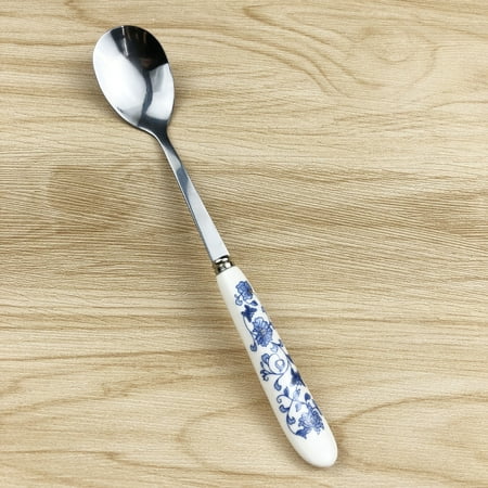 

4 Piece Dinner Spoon Fork Set Chinese Flower Pattern Stainless Steel Spoon Fork Ceramic Handle Teaspoon Sugar Spoon Ice Cream Desert Cake Fruit Fork for Kitchen Home 6.1 Inches