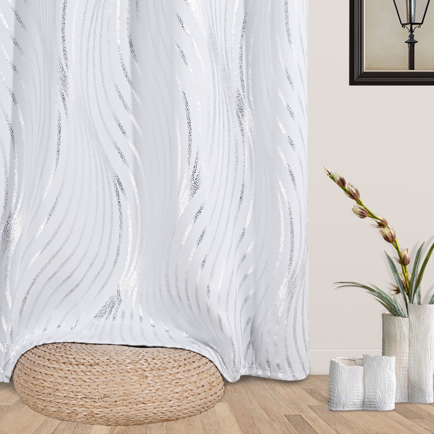 Alishomtll White Blackout Curtains for Living Room ,Modern Metallic Silver Wave Pattern Bedroom Thermal Insulated Drapes ,2 Panel Set,52"x84"