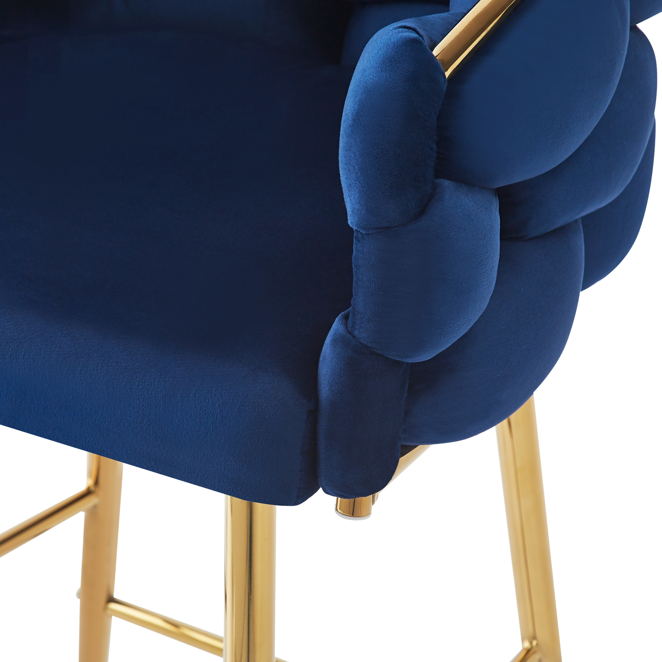 Nivora 28" Seat Height Modern Upholstered Flannelette Counter Stools, Metal Frame, Dark Blue + Gold, Set of 2