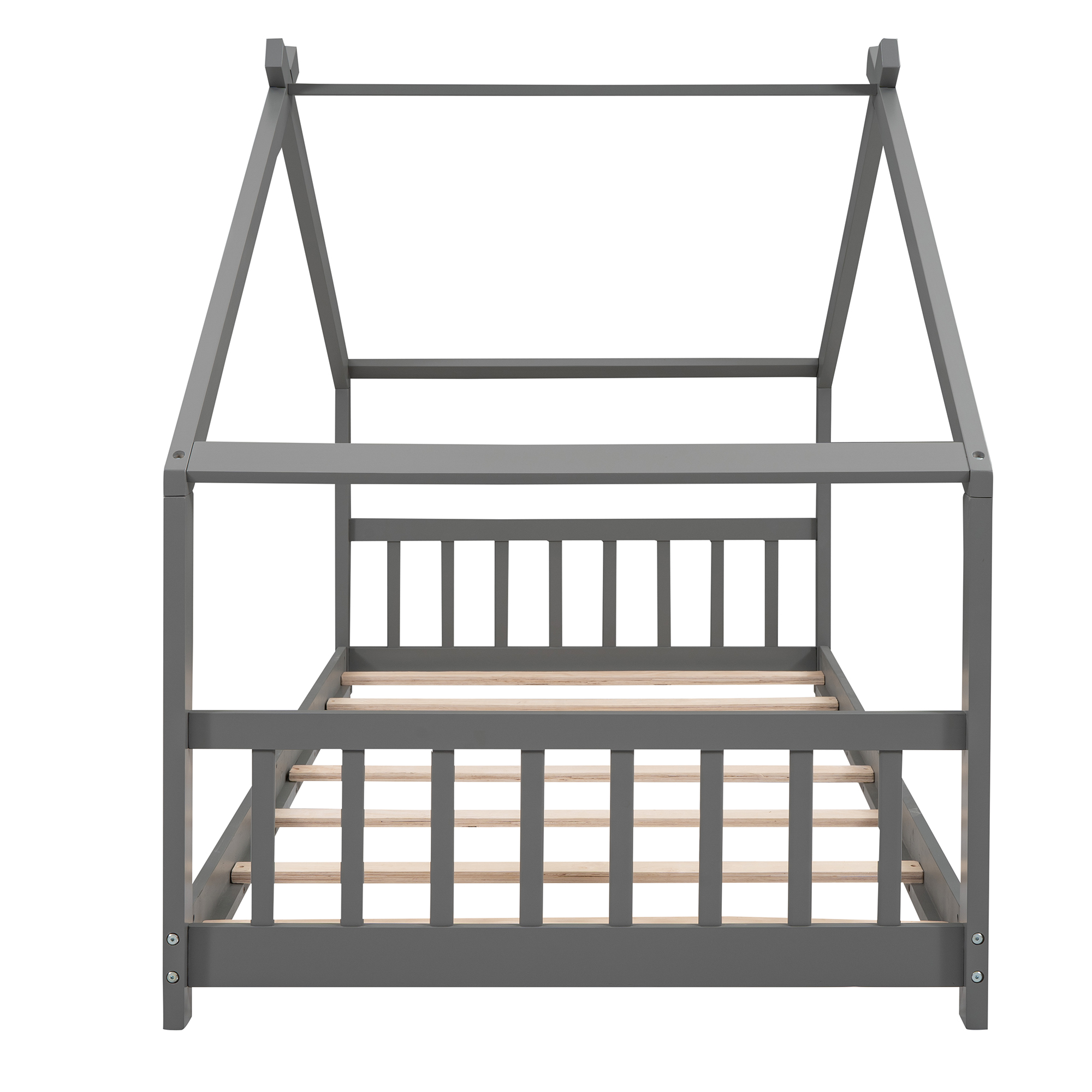 Bellemave Twin Size House Bed,Wood Platform Bed with Headboard and Footboard, House Floor Bed with Roof and Slat (Gray,Twin)