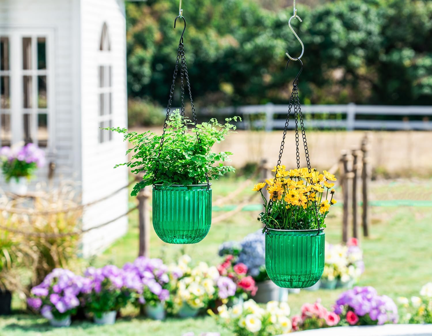 2 Pack Self Watering Hanging Planters Indoor Flower Pots, 5.3 Inch Outdoor Hanging Basket, Plant Hanger with 3Hooks Drainage Holes for Garden Home (Emerald)