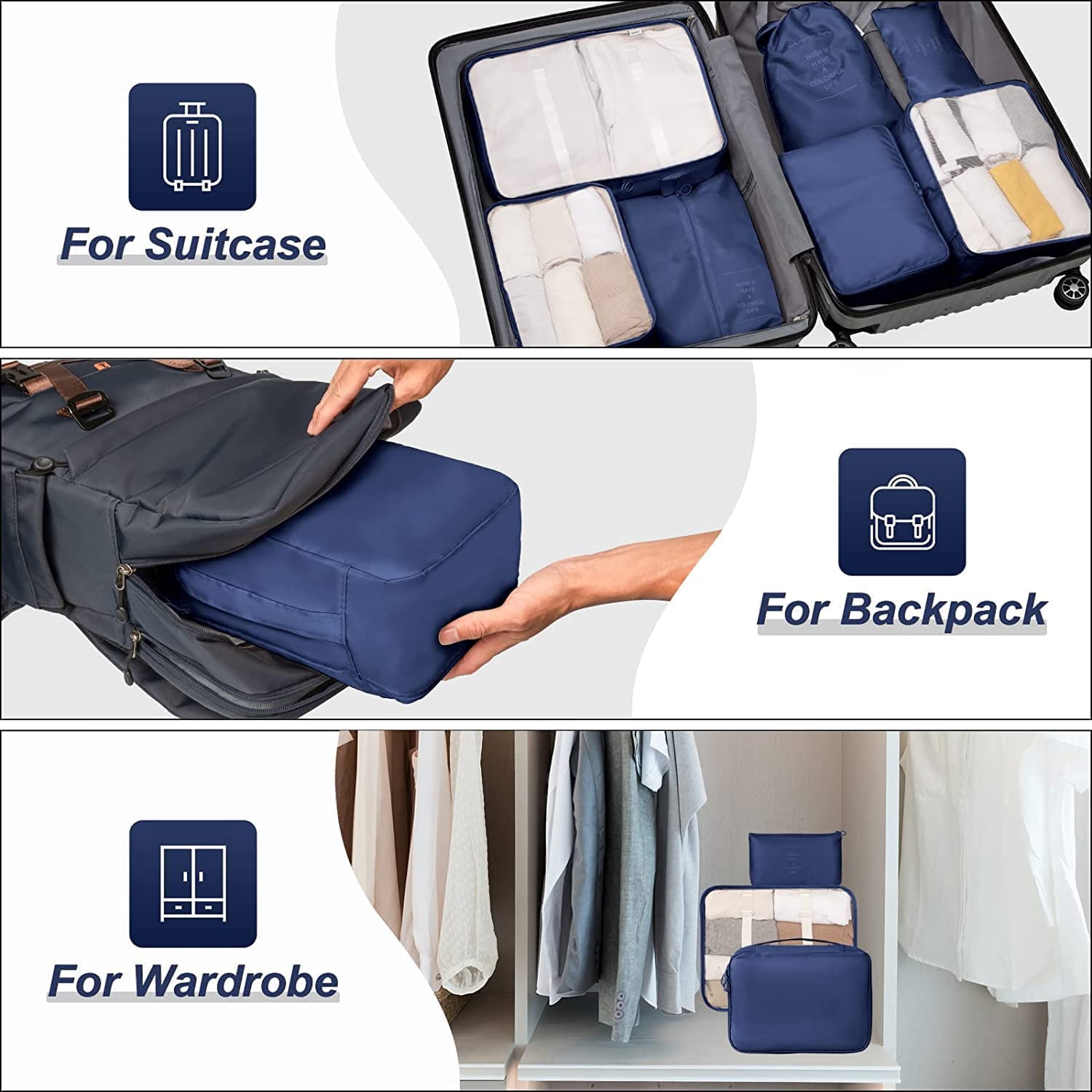Lazer Polyester Packing Organizer Set [3 Packing Cubes, 3 Pouches], Blue, 7 Count