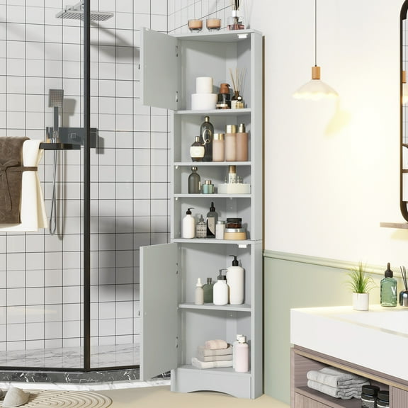 PORKISS 66.9" Tall Corner Cabinet with 2 Barn Doors, 6 Tier Bookcase Storage Cabinet with Adjustable Shelves, Corner Storage Cabinet for Bathroom, Living Room, Kitchen, Grey