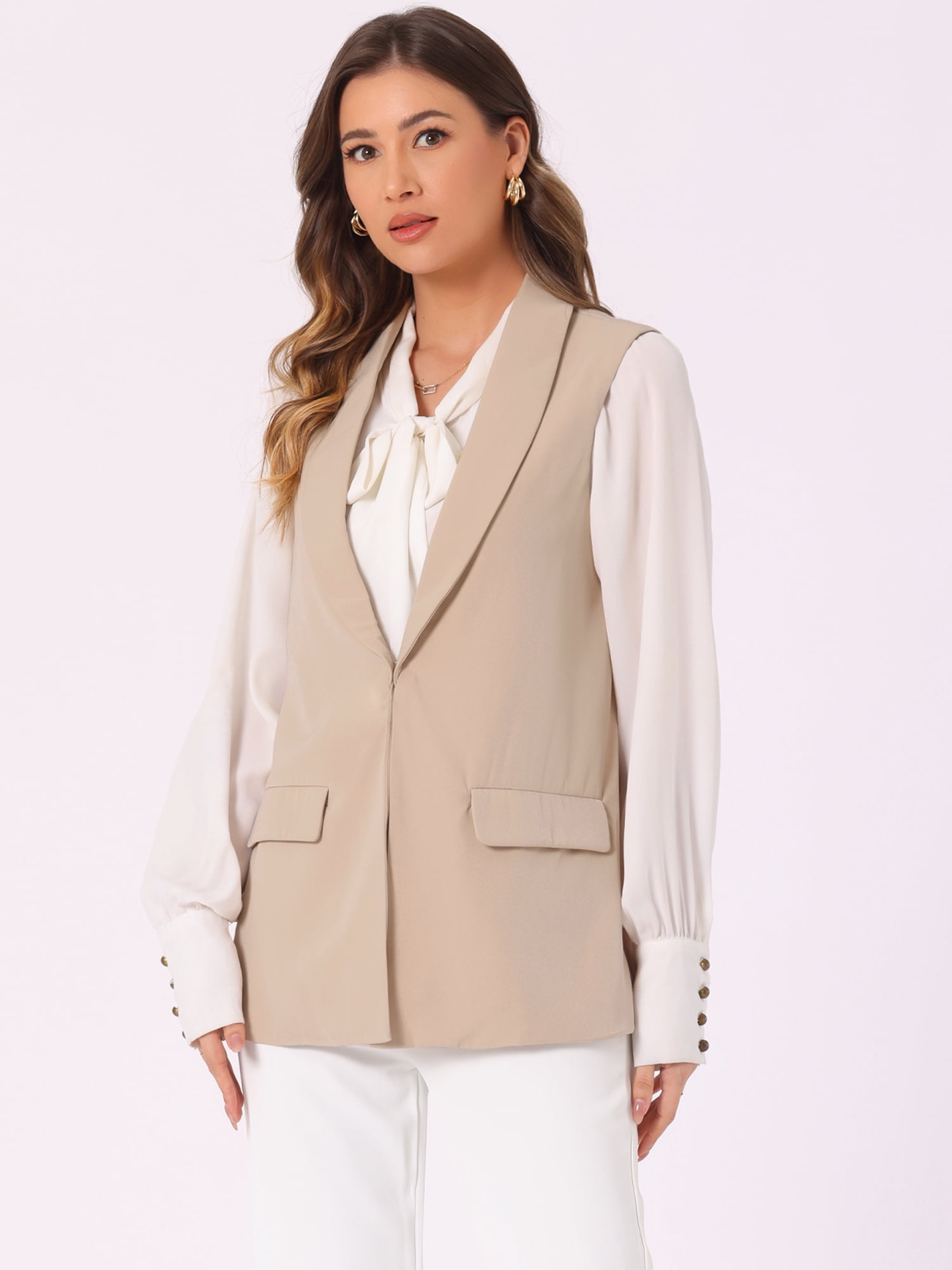 DARING DIVA Women's Shawl Collar Open Front Work Office Suit Vest Jacket XS Khaki
