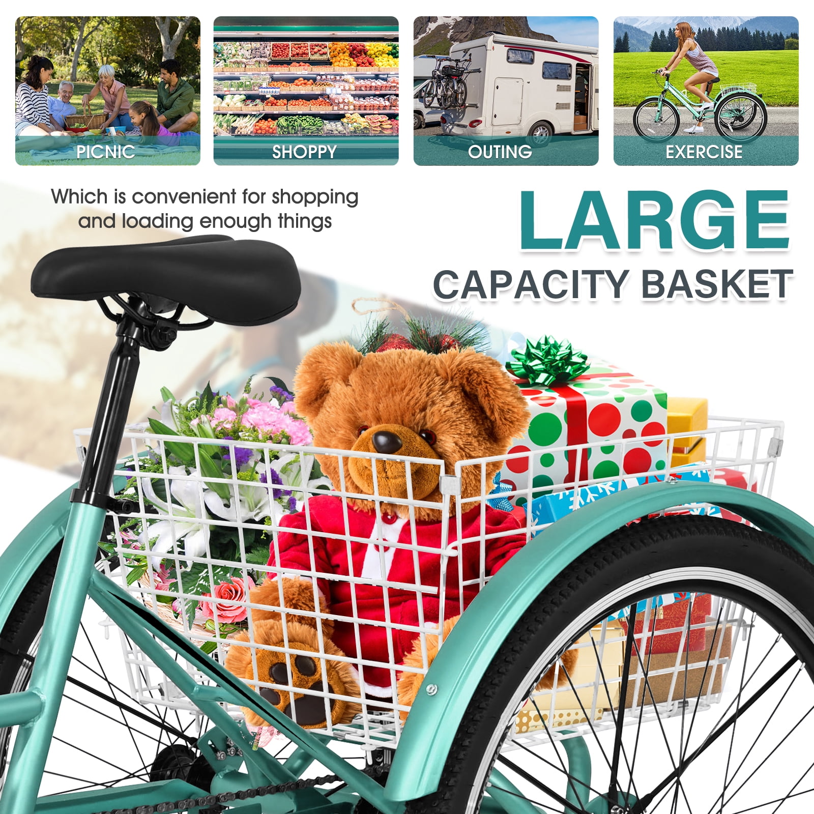 Slsy Mountain Tricycle for Adults, 24/26/27.5 Inch MTB 7 Speed Three Wheel Bike, Adults Tricycle with Cargo Basket for Adults, Women, Men, Seniors