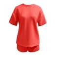 thumbnail image 4 of FINALGANG Womens Solid Color Ribbed Knit Two Piece Outfit Crew Neck Short Sleeve Top High Waist Bermuda Shorts Casual Matching Set For Loungewear Daily Wear Trendy Set, 4 of 4
