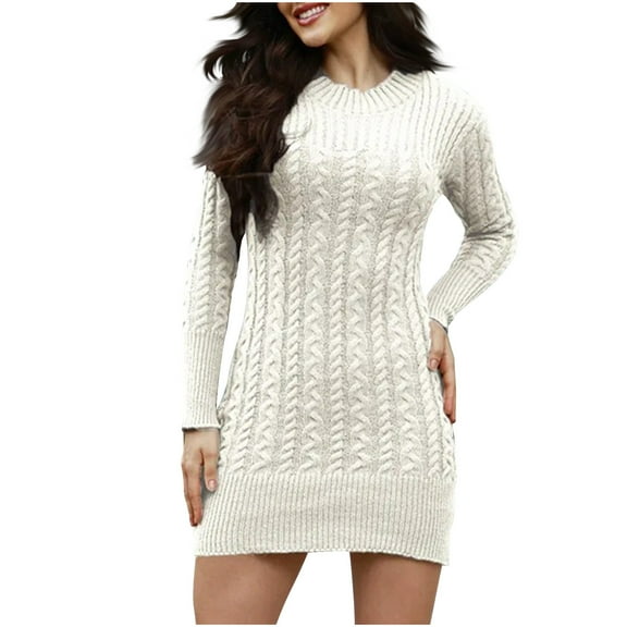 Oplxuo Cable Knitted Dresses for Women Slim Fit Crew Neck Long Sleeve Bodycon Fall Winter Mini Sweater Dress