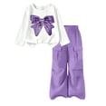 thumbnail image 2 of Girls Fall Outfits Set Casual Lightweight Long Sleeve Cute Graphic T Shirts and Cargo Pants Kids Clothes Purple 8, 2 of 7