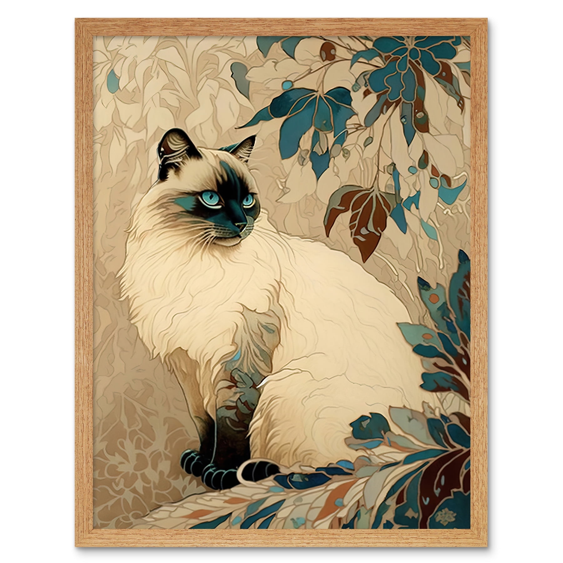 Blue Point Ragdoll Cat and Plant Pattern Art Nouveau Modern