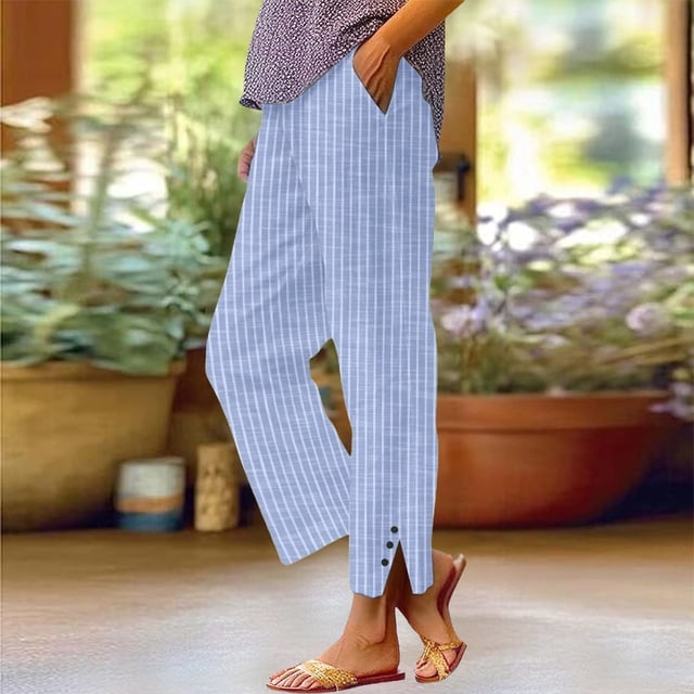 WILLBEST Pantalones Casuales de Mujer, Pantalones Largos a Rayas para Fiestas al Aire Libre, Cómodos, con Detalle de Botones, Ropa Versátil para Todas Las Estaciones. Extra Grande