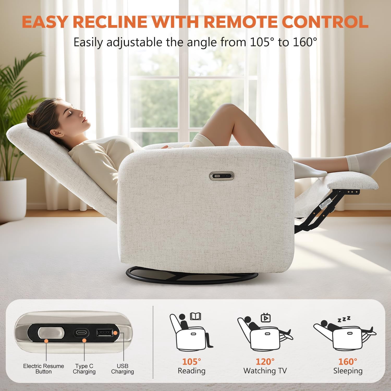JULY'S SONG Power Glider Recliner Chair, 270°Swivel Rocker Reclining Chair with USB Ports for Nursery, Cream
