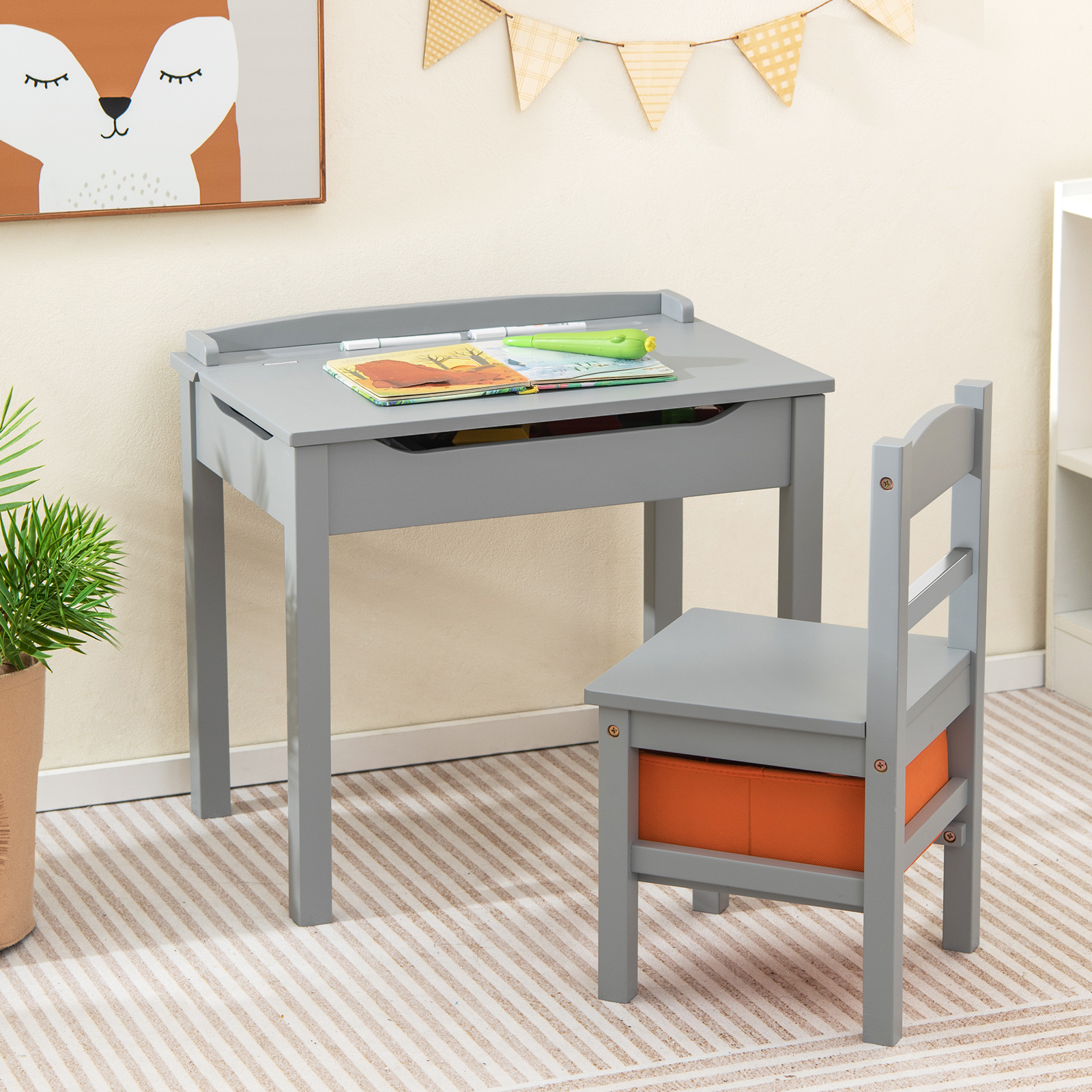 Gymax Kids Table and Chair Set Wood Activity Study Desk w/ Storage Drawer Hook Grey