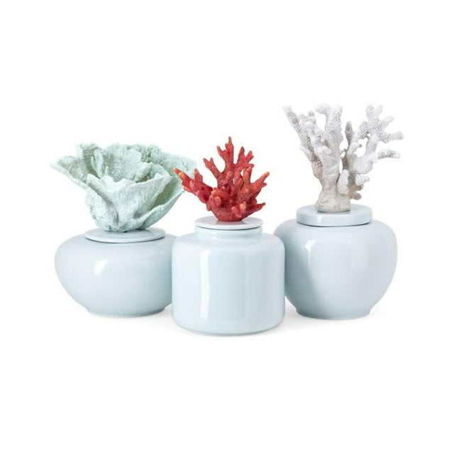 IMAX 23416-3 Sedna Ceramic Jars with Coral Lids - Set of 3