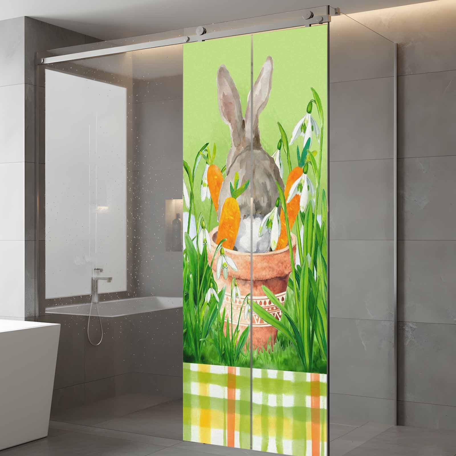 Easter Bunny Window Privacy Film, Spring Bunny Sitting on A Flowerpot Carrot Flower Green Frosted Glass Window Clings Static Cling UV Heat Blocking Reusable Door Sticker for Bathroom 23.6 x 59 Inch