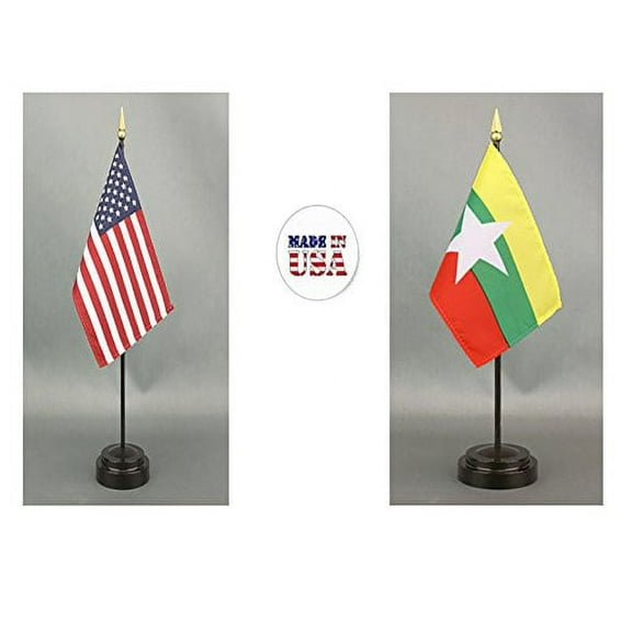 Made in The USA. 1 American and 1 Myanmar(Burma) Rayon 4"x6" Miniature Office Desk & Little Hand Waving Table Flag, Includes 2 Flag Stands & 2 Small 4"x6" Mini Stick Flags