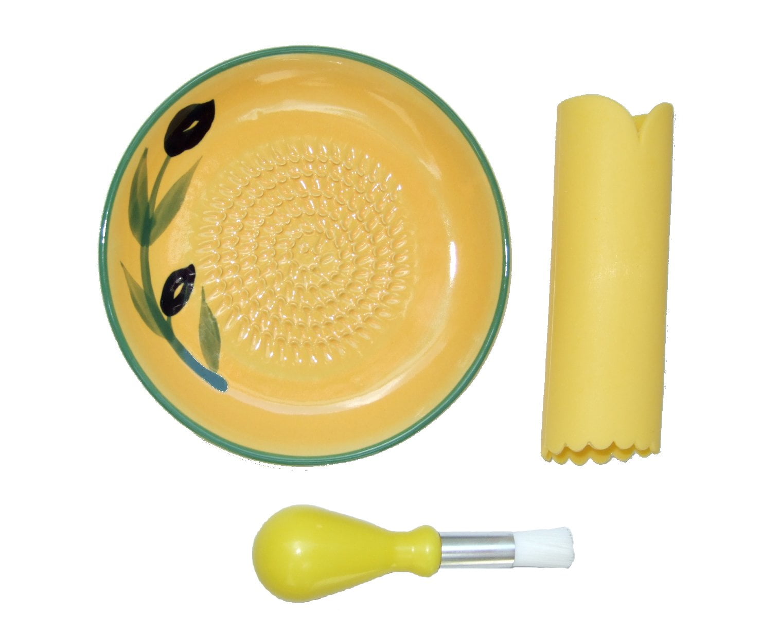 COOKS INNOVATIONS Ceramic Grater Plate 3 Piece Set - Grater, Peeler, &  Brush - Beautiful Olive Design - Yellow & Green 