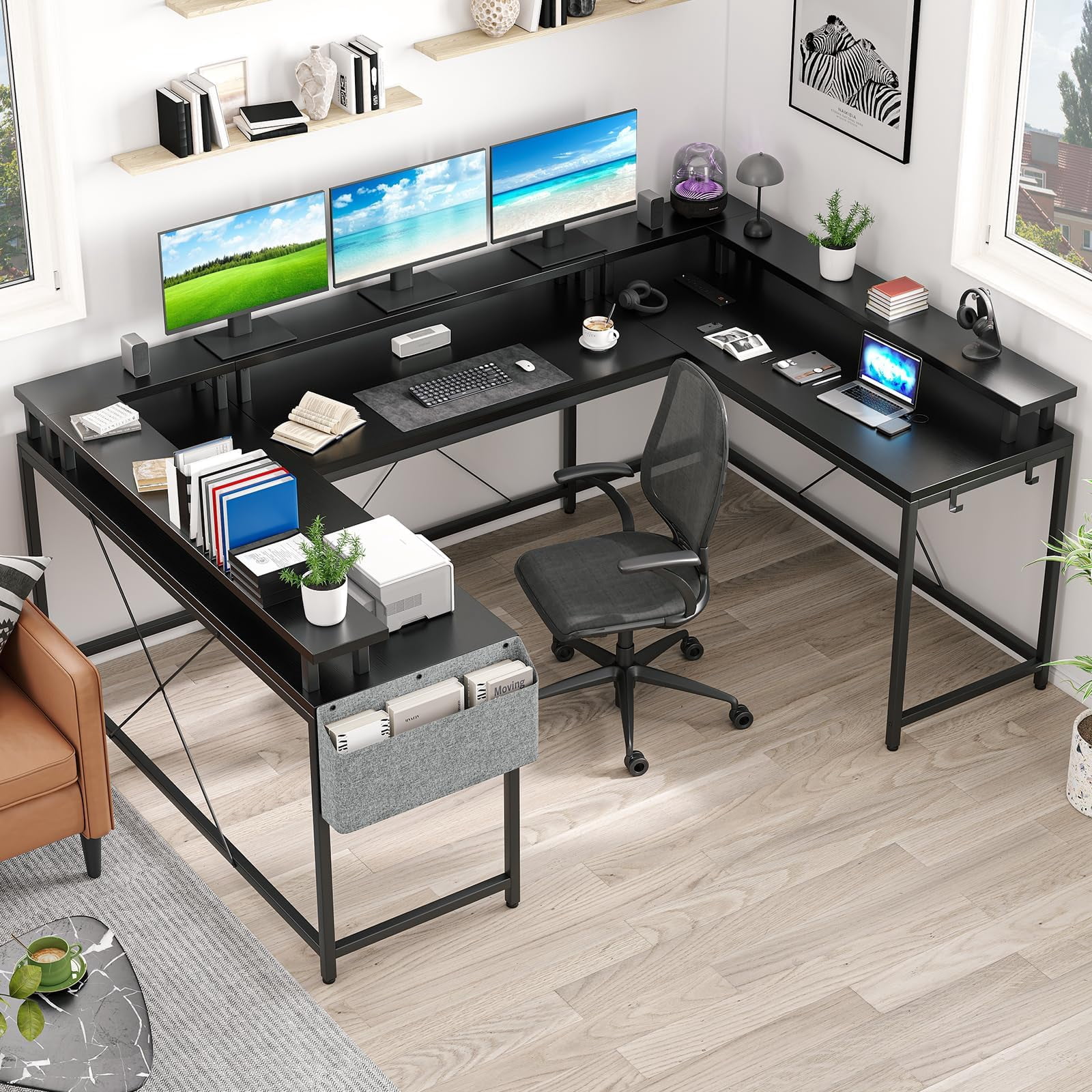 Luku U Shaped Home Office Desk, Reversible L Shaped Gaming Computer Desk with Power Outlets,126 Inch Computer Desk with Monitor Stand and LED Lights,Storage Shelves,Storage Bag and Hooks