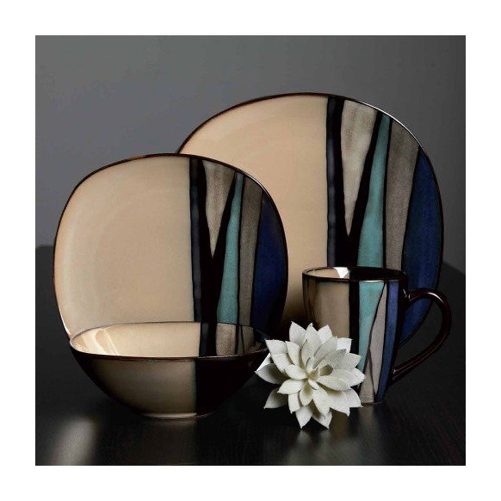 Gibson Elite 16 Piece Glazed Dinnerware Plates Bowls and Mugs Teal 2 Pack