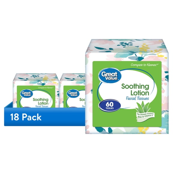(18 pack) Great Value Soothing Lotion Facial Tissues, 1 Cube, 60 Tissues per Cube, 3-Ply, Compare to Kleenex®