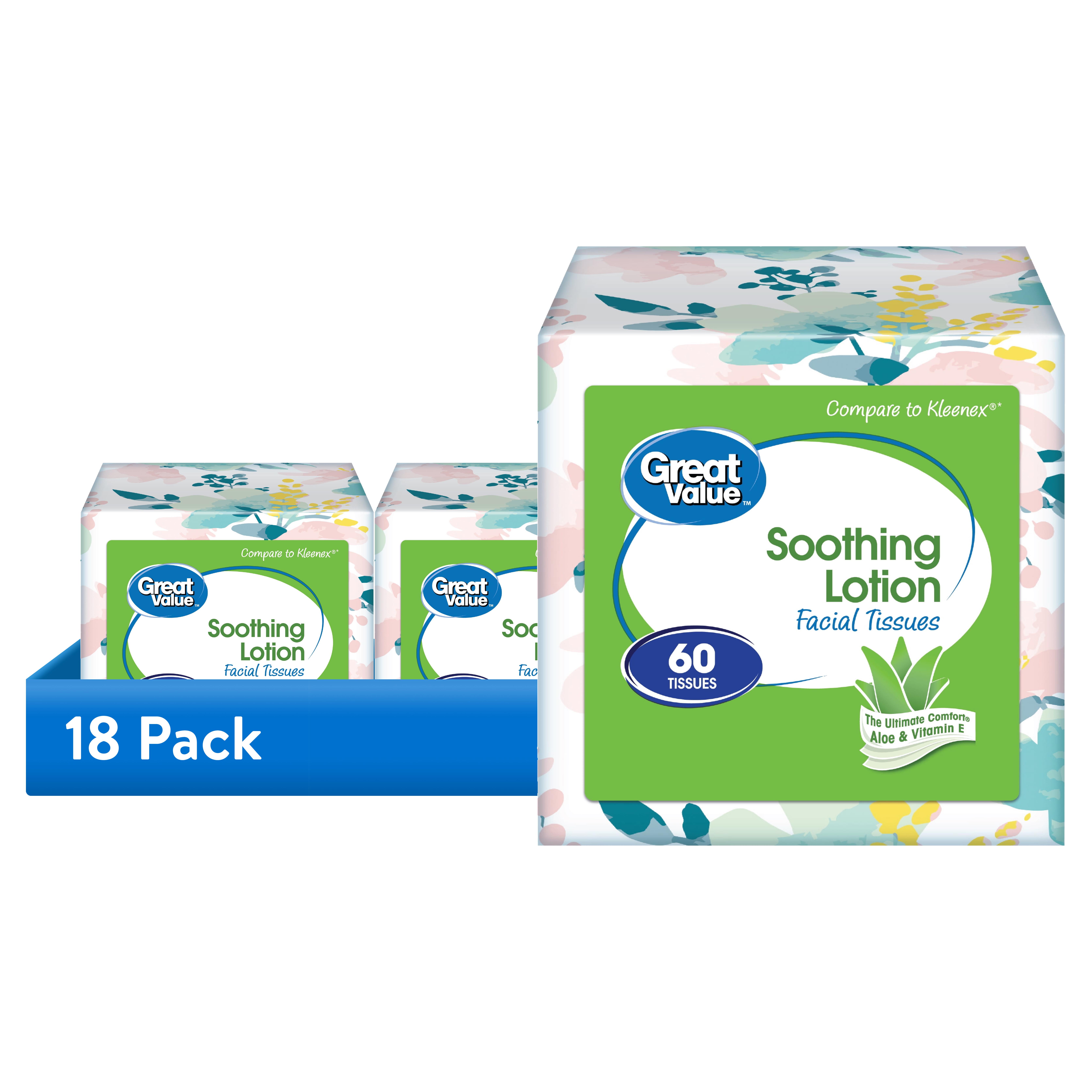 Great Value Soothing Lotion Facial Tissues, 18-Pack Cube Boxes photo 1