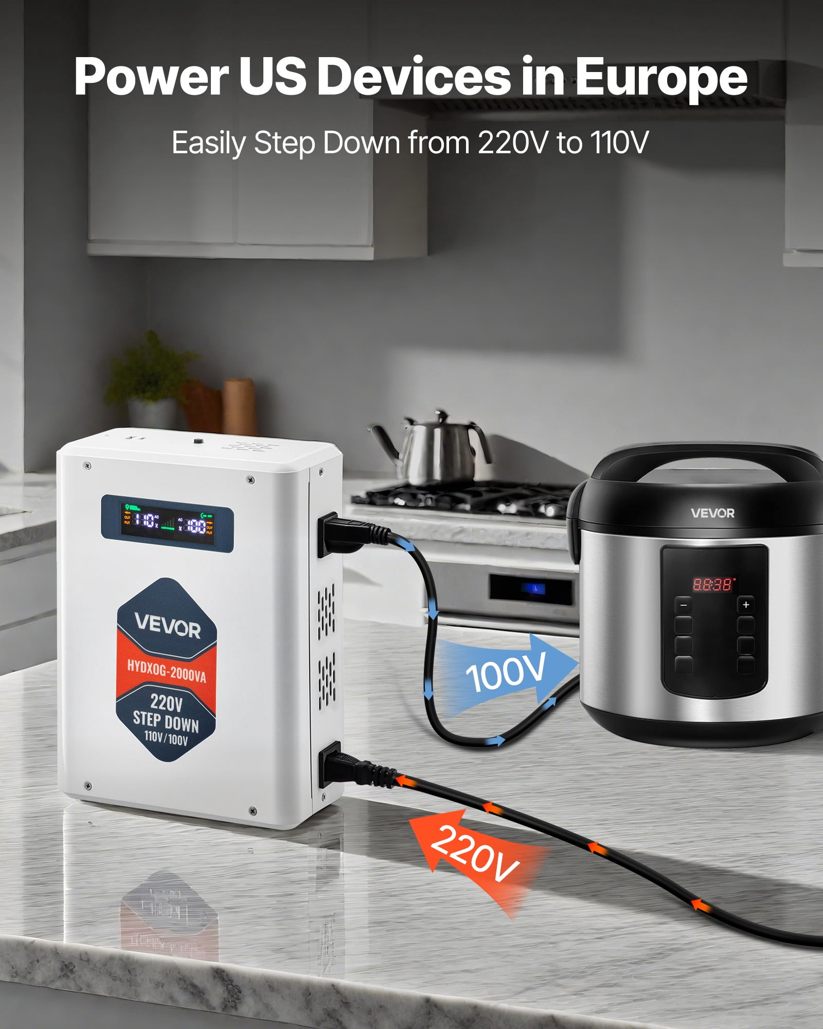 VEVOR Step Down Voltage Converter, 2000W, Heavy Duty Voltage Power Converter, 220V to 110V Power Transformer, with 2 US Outlets, USB Output, LCD Display, Temperature Protection, for 110V Appliances