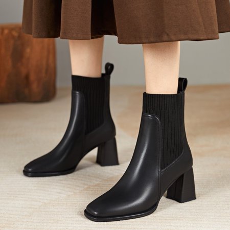 

Ankle Boots Fashion Autumn And Winter Women Ankle Boots Thick Heel Middle Heel Solid Color Elastic Mouth Slip On Comfortable Casual Style