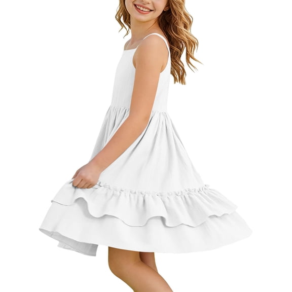 Xdegoge Dresses for Girls Square Neck Spaghetti Strap A Line Dress Tiered Ruffle Hem Fit and Flare Dress Back to School Cute Tea Party Dress Summer Sundress Birthday White 14-15Years