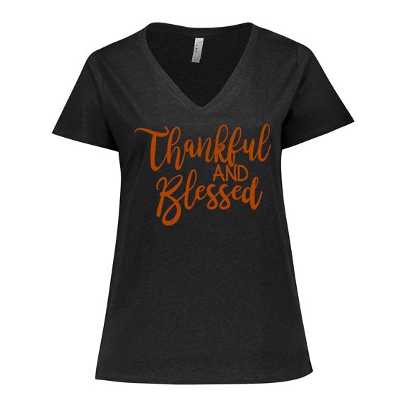 Inktastic Thankful and Blessed Women's Plus Size V-Neck T-Shirt
